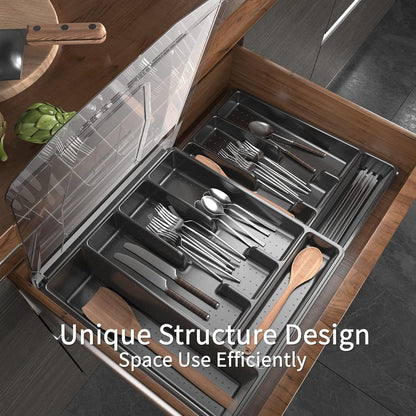 Kurberson Double Layer Silverware Tray with Lid, Drawer Organizer for Utensil Tray, Cutlery Storage Holder with Cover, Black