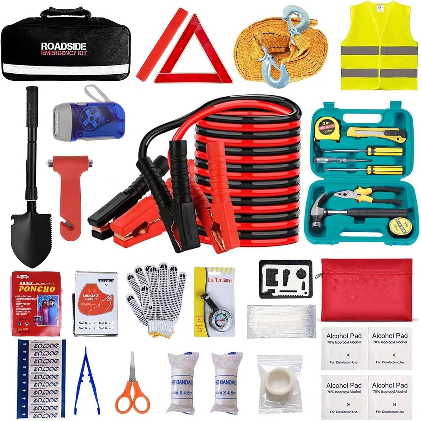 Car Roadside Emergency Assistance Kit with Jumper Cable,Auto Travel Safety Tool Bag for Men Women Teen Girl, Truck Automotive Vehicle Off Road Side Automobile Kit with Car Repair Tool First Aid Kit