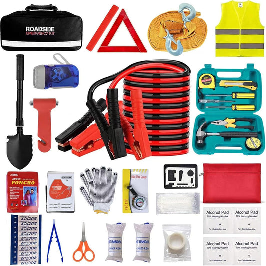 Car Roadside Emergency Assistance Kit with Jumper Cable,Auto Travel Safety Tool Bag for Men Women Teen Girl, Truck Automotive Vehicle Off Road Side Automobile Kit with Car Repair Tool First Aid Kit