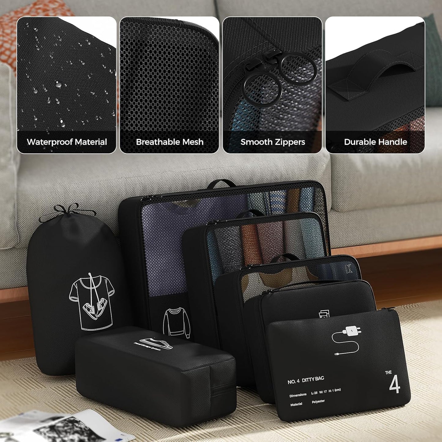 Yomisee Packing Cubes Set of 7 Suitcase Organizer, Travel Cube Set, Travel Organizer, Travel Bag (Black)