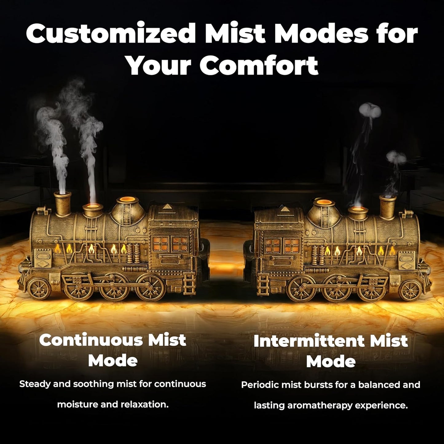 OMEO Gold Small Train Aromatherapy Humidifier & Essential Oil Diffuser - Dual Mist, Quiet Ultrasonic, 300ML Tank, Remote Control, LED Light, Air Purifier for Home, Office, and Bedroom Use