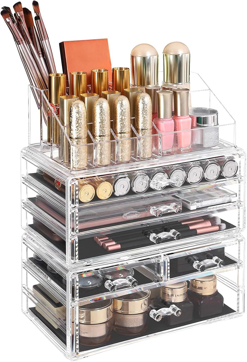 SONGMICS Organizer Trucchi con 6 Cassetti, Grande Organizzatore per Cosmetici in Acrilico, per Tavolozza, Pennello, Fondotinta, Rossetto, Smalto per Unghie, Forcine, Trasparente JKA009TP
