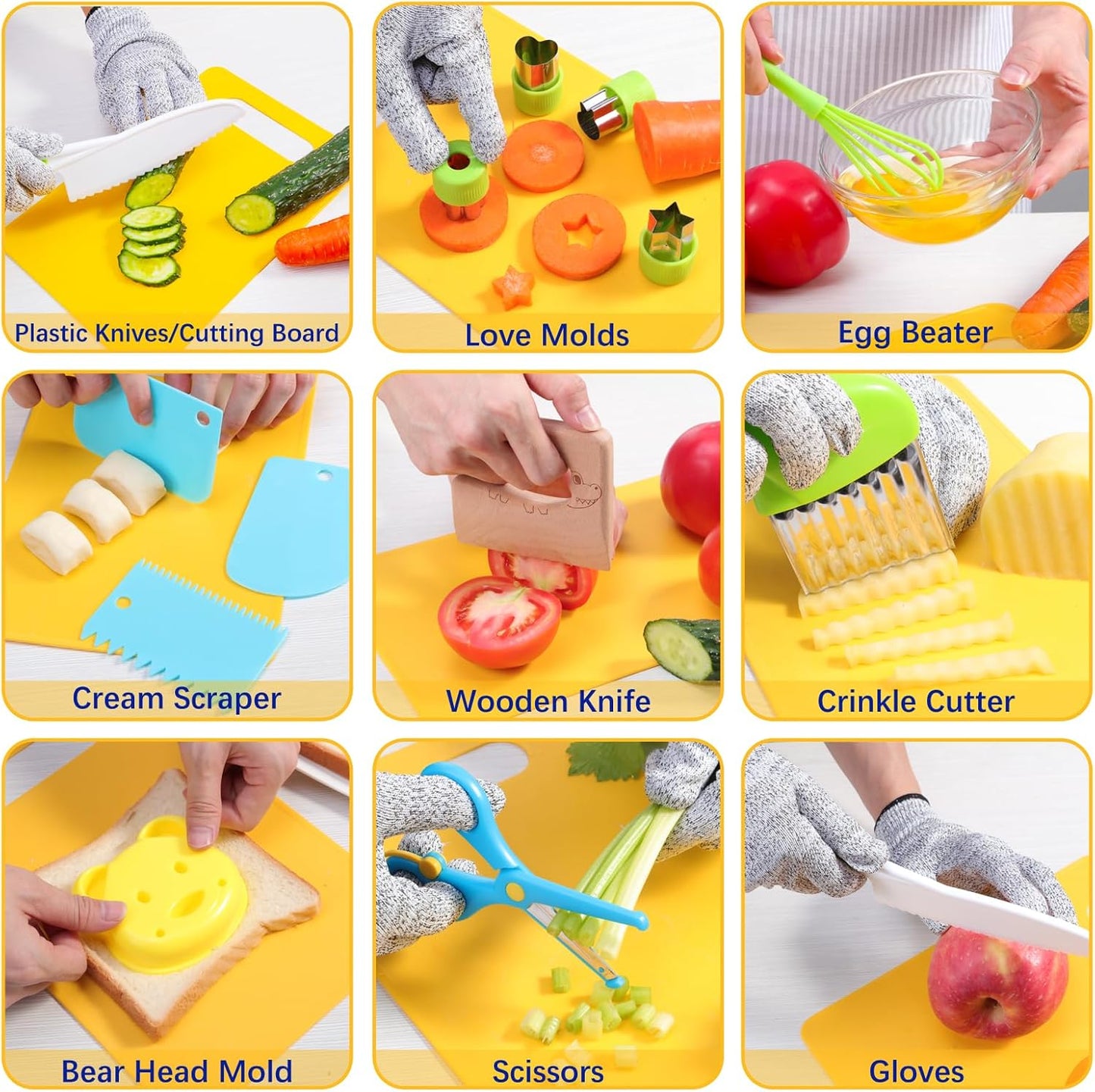 PELOSTA 18 Piece Play Kitchen Toys for Kids,Montessori Kitchen Tools for Toddlers Real Cooking,Kids Safe Knife,Gloves,Cutting Board,Scissors for Pretend Play,Birthday Gifts for Girls & Boys Age 3-8c