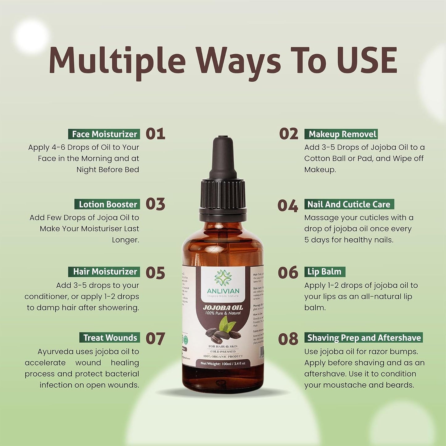 Anlivian Pure Cold Pressed Jojoba Oil, 100ml, Natural Carrier Oil For Hair and Skin Care, Nail, Makeup Remover, Facial Moisturizer 100% Pure Packed In Australia.