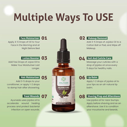 Anlivian Pure Cold Pressed Jojoba Oil, 100ml, Natural Carrier Oil For Hair and Skin Care, Nail, Makeup Remover, Facial Moisturizer 100% Pure Packed In Australia.