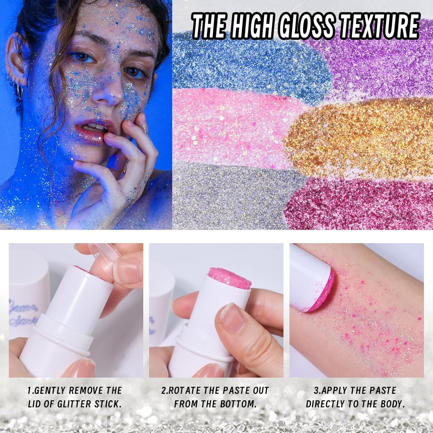 Prreal Body Glitter, Sparkling Body Glitter Stick, Face Glitter Gel, Mermaid Sequins Glitter for Hair Nail, Sequins Chunky Glitter Stick Rave Accessories Stage Halloween Festival Makeup (#06 Silver)