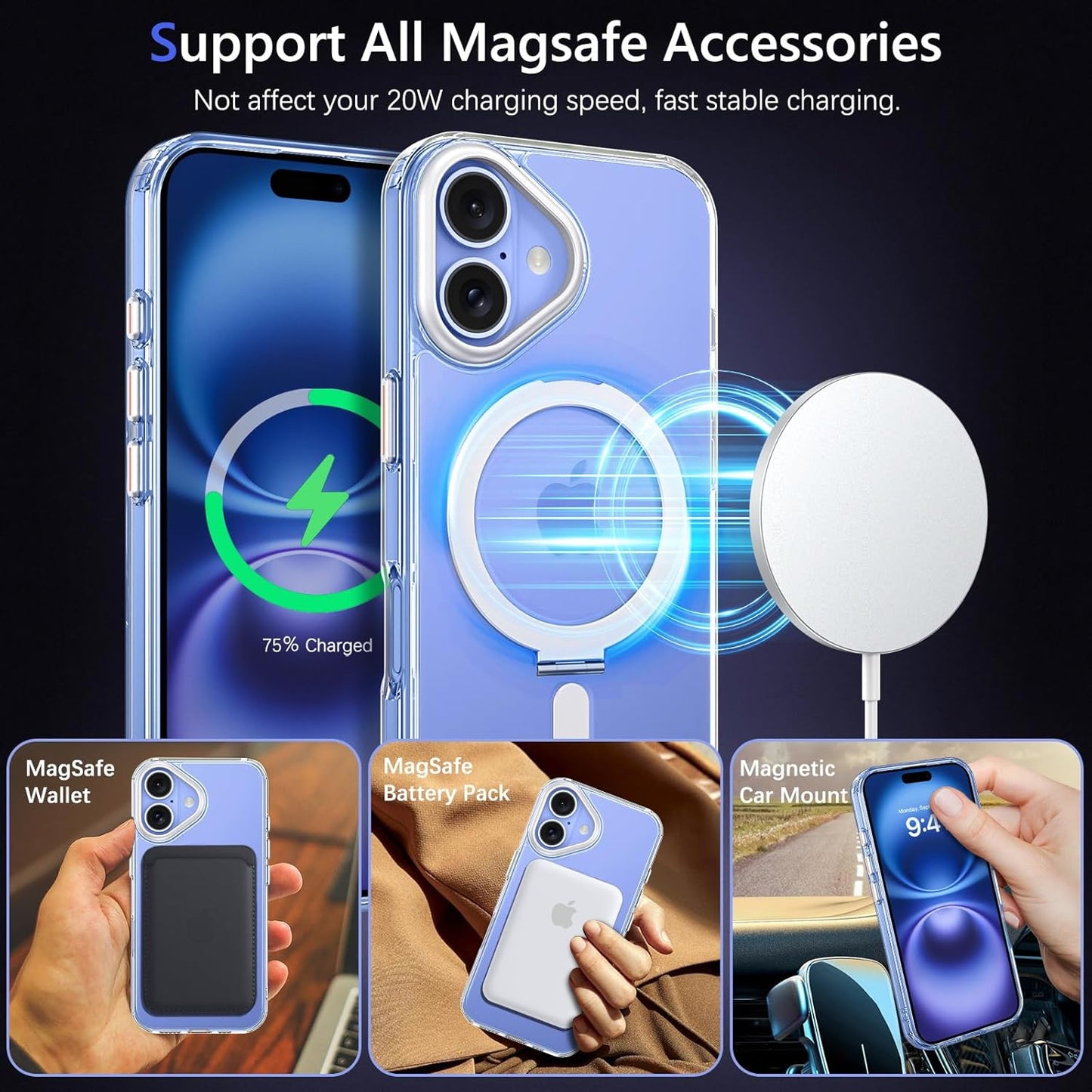 GUAGUA Magnetic for iPhone 16 Case with Kickstand, [Compatible with MagSafe] Phone Case Magnetic Anti-Slip Sturdy Stand Anti-Yellowing Matte Back Cover, Phone Case 6.1" with Ring Holder Clear