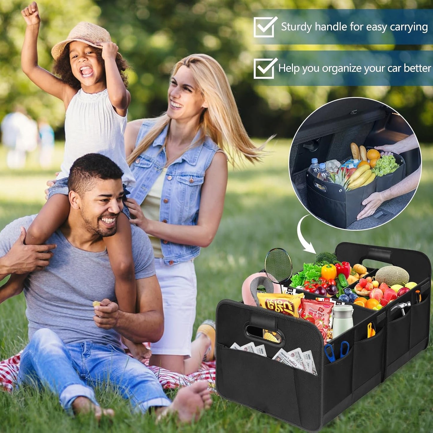 Car Trunk Organizer, Vehicle Boot Storage Bag, Super Capacity Seatback Collapsible Adjustable Compartment Reinforced Handles Trunk Tidy Cargo Organiser 600D for Sedan SUV RV ORV