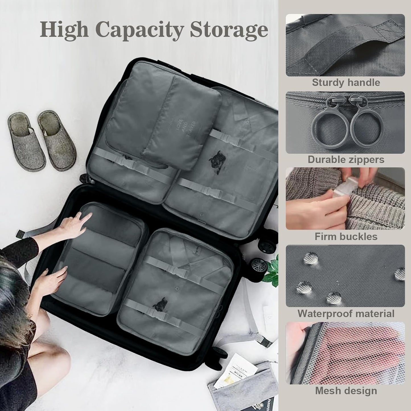 GIBOHOM Suitcase Organizer Set, 15 Pieces Space Saver, Packing Cubes for Holiday and Travel, Dividers Suitcase, Travel Organizer with Transparent Pockets, Grey