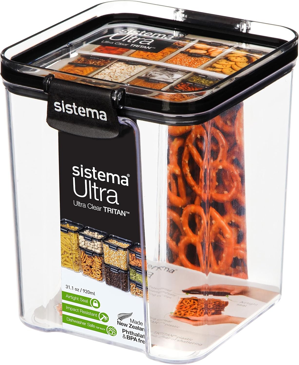Sistema Ultra Tritan Airtight Pantry Storage Container | 920 ml Square Food Storage Container | Stackable | with Locking Clips | BPA-Free | Clear with Black Accents