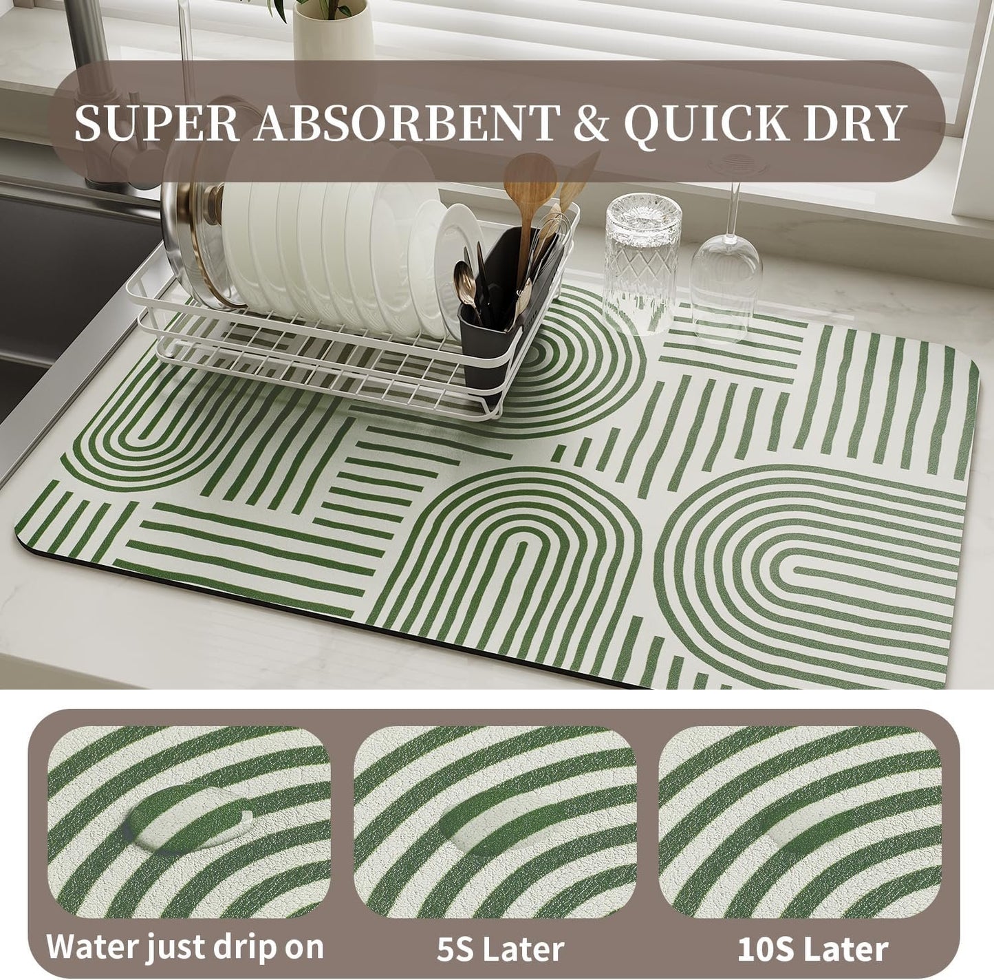 MontVoo-Absorbent Dish Drying Mat-Kitchen Counter Rubber Backed Water Absorbing Drying Mat-Hide Stain Under Dish Mat Quick Dry Coffee Mat-Green Line 12''x19''