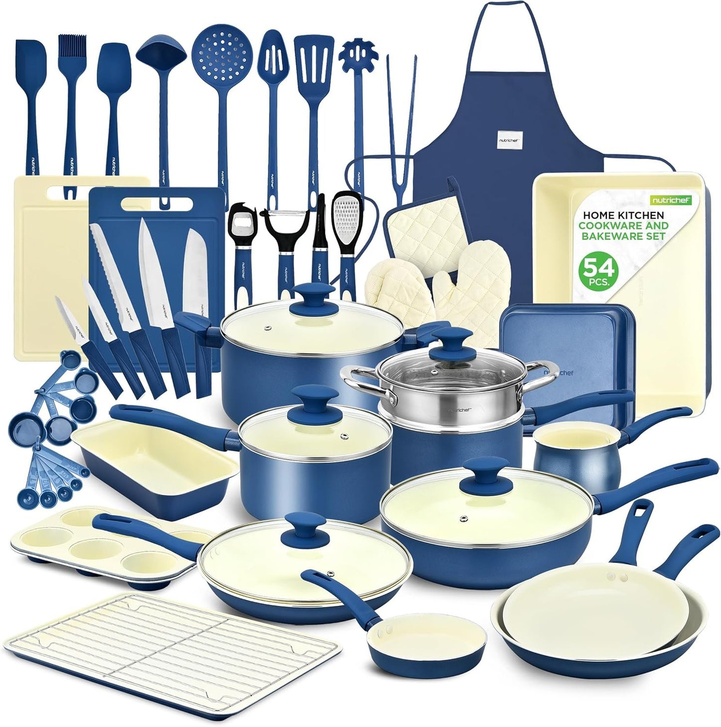 Nutrichef 54-Piece Marble Non-Stick Cookware and Bakeware Set - Professional Home Kitchen Collection with Multi-Sized Pots, Pans, and Heat-Resistant Tools