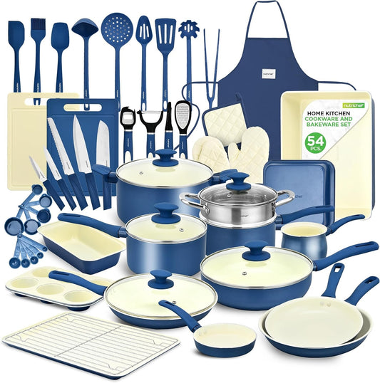 Nutrichef 54-Piece Marble Non-Stick Cookware and Bakeware Set - Professional Home Kitchen Collection with Multi-Sized Pots, Pans, and Heat-Resistant Tools