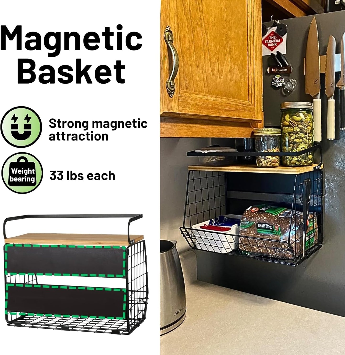 Magnetic Shelf for Fridge with Wood Lid, Fruit Potato and Onion Storage Bins, Pantry Organizers & Storage, Large Container Magnetic Spice Rack for Refrigerator, Kitchen Counter, Cabinet