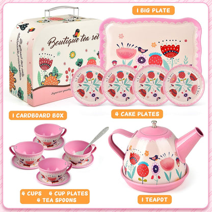 Flower Tea Set for Little Girls, Birthday Gift for Age 3 4 5 6 Year Old, Toddler Toys Tea Party Set for Little Girls, Princess Kids Kitchen Pretend Toy with Tin Tea Set, Desserts & Carrying Case