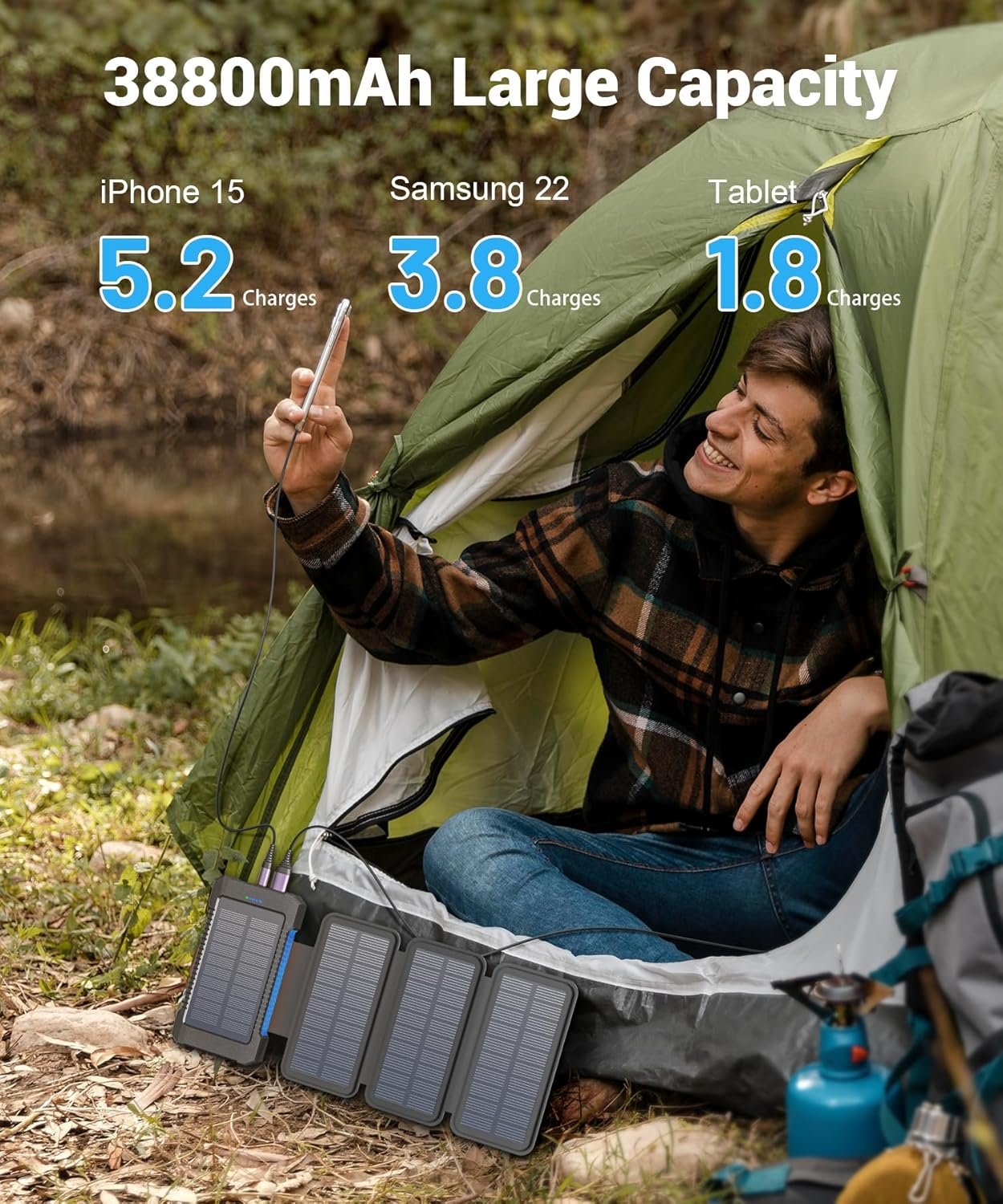 Solar Power Bank 38800mAh with 4 Solar Panels, Power Bank USB-C 18W Fast Charge for Compatible Phones, IP67 Waterproof Outdoor External Batteries with Flashlight Light/SOS/Strobe