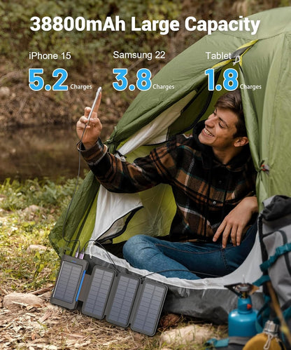 Solar Power Bank 38800mAh with 4 Solar Panels, Power Bank USB-C 18W Fast Charge for Compatible Phones, IP67 Waterproof Outdoor External Batteries with Flashlight Light/SOS/Strobe
