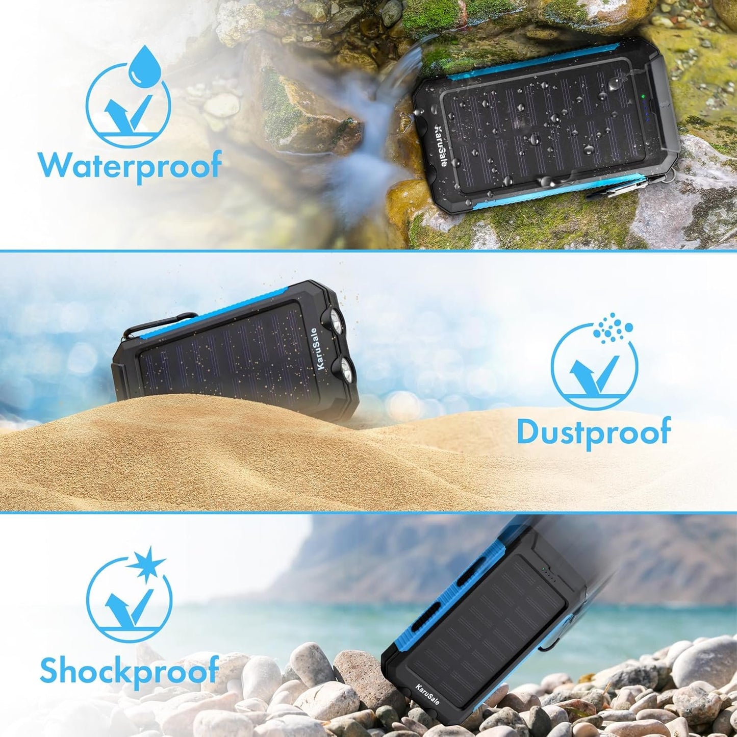 KaruSale Solar Power Bank Portable Charger 50000mah Battery Pack QC3.0 Fast Charging 20W 2 USB Waterproof Camping Travel External Backup Phone for iPhone, for Samsung, Android Black & Blue