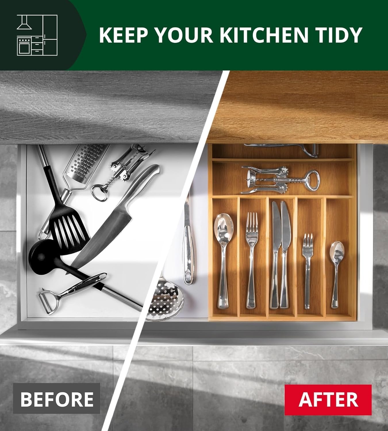 Bamboo Kitchen Drawer Organizer - Expandable Silverware Organizer/Utensil Holder and Cutlery Tray with Grooved Drawer Dividers for Flatware and Kitchen Utensils (Natural, 7 Slots)