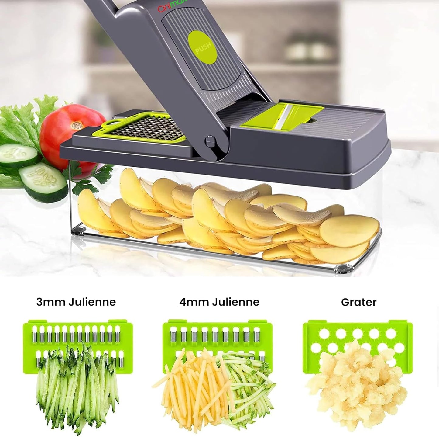 CINIMAX Heavy Duty 16-in-1 Vegetable Chopper - 8 Blade Mandoline Slicer with Push Button - Home Essentials & Kitchen Gadgets - French Fry Cutter, Onion Chopper, Vegetable Dicer - Cooking Accessories