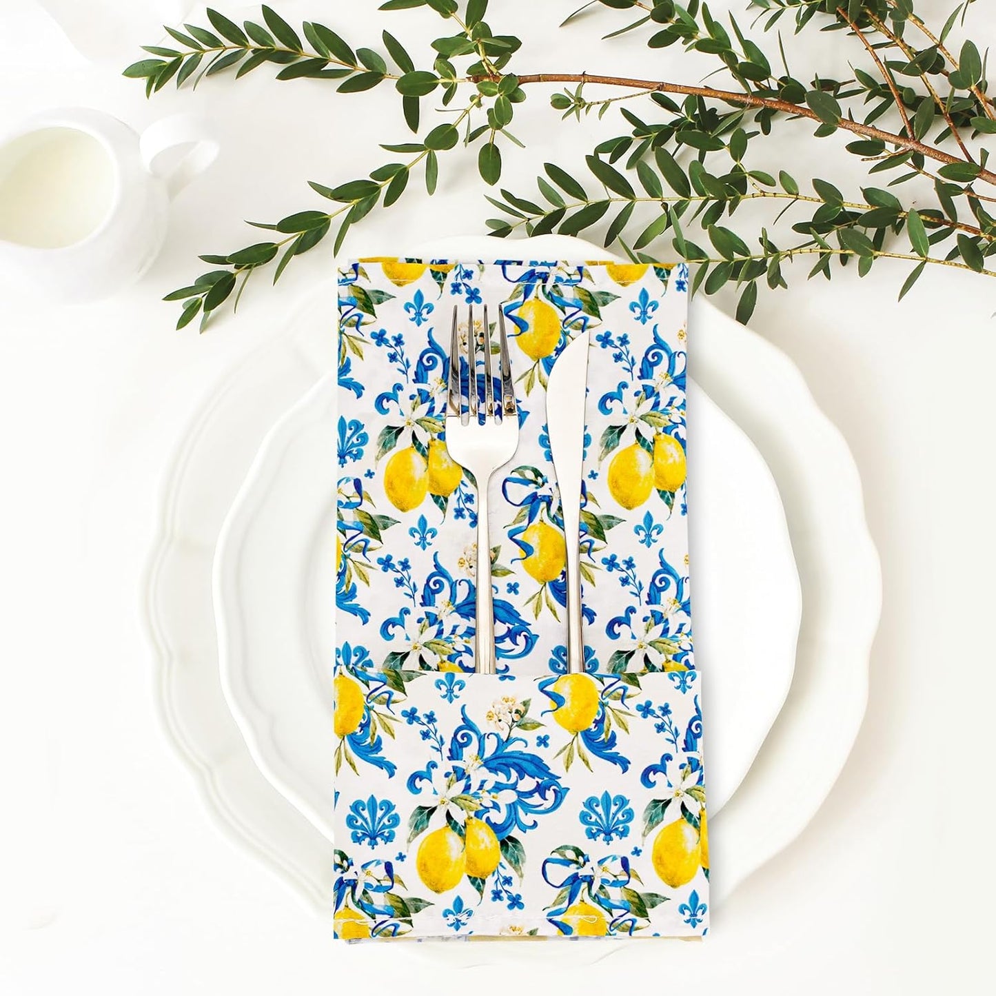 Whaline Lemon Cloth Napkin Italian Lemon Blue Tiles Reusable Dinner Napkin 18 x 18 Inch Kitchen Table Top Collection for Party Dining Table Decor, Set of 4
