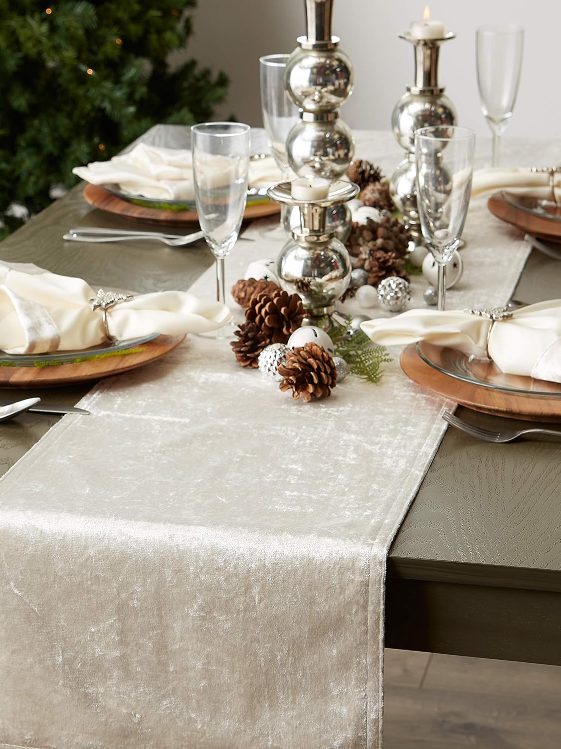 DII Velvet Collection Tabletop, Table Runner, 14x72, Cream