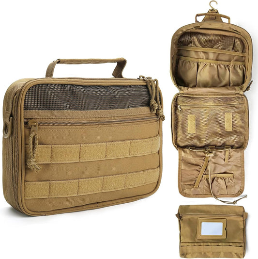 SMONT Tactical Toiletry Bag for Men, 9.5" Hanging Dopp Kit Shaving Hygiene Bag for Traveling Bathroom, Brown, Multifunctional