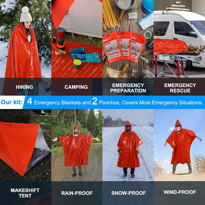 Terdemor Emergency Poncho (4 Pack), Emergency Blanket (2 Pack) with Mylar Blanket Liner, Much Larger and Thicker Survival Blanket