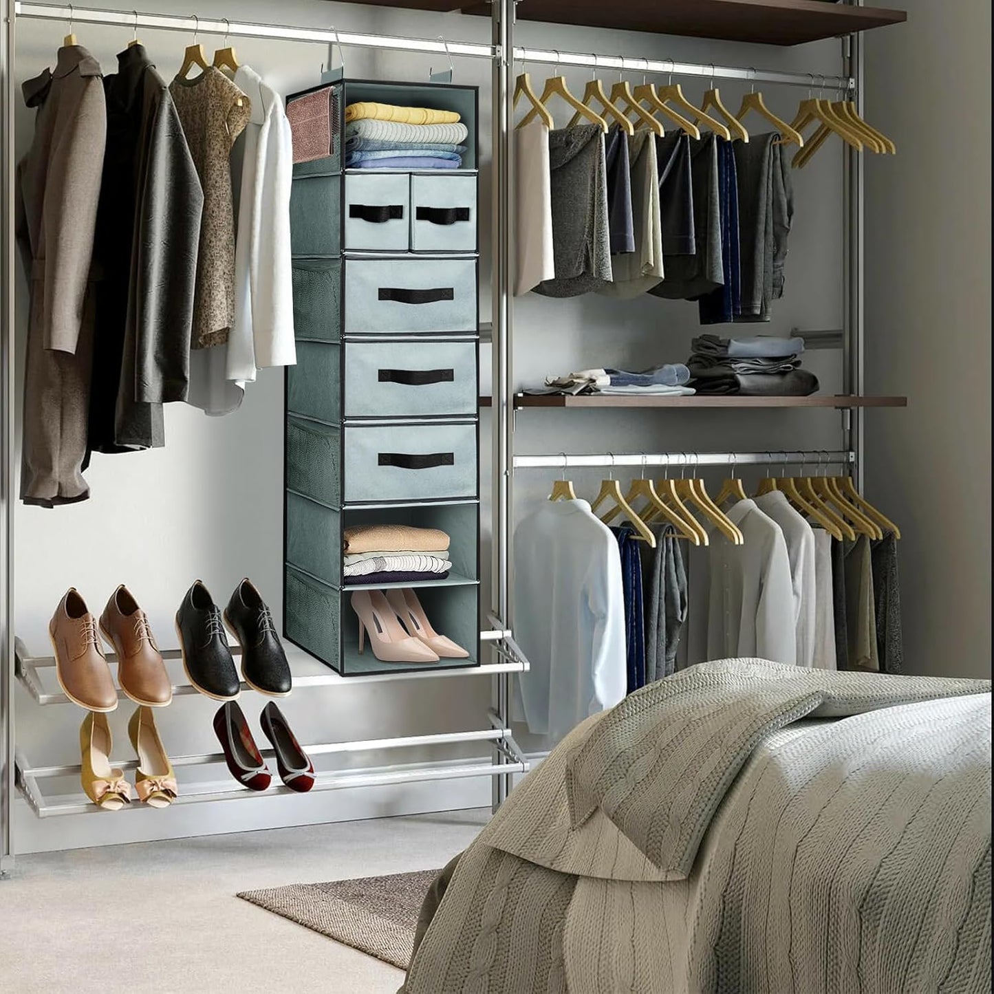 VERONLY 7-Shelf Hanging Closet Organizer with 5 Different Drawers, Hanging Closet Shelves Storage and 8 Mesh Pockets, Closet Organization and Storage for Wardrobe, Underwear, Livingroom, Dorm (Grey)