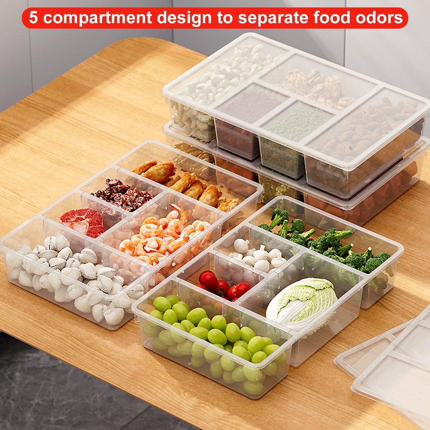 Taiuloo 2 Pack Divided Veggie Tray with Lid, 5 Compartment Snackle Box Container, Clear Salad Bar Fridge Organizer, Plastic Food Storage Containers for Snack, Fruit, Vegetable, Meal Prep