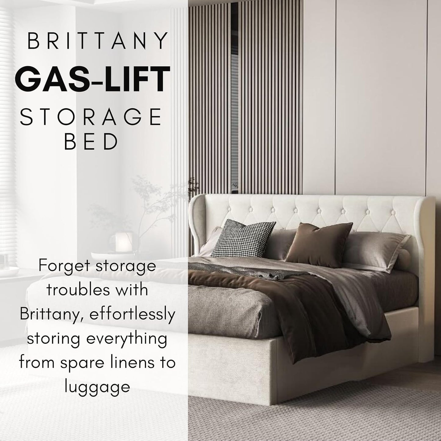 Brittany Velvet Queen Bed Frame with Storage, Metal Bed Frame Queen Size with Headboard & Hydraulic Storage, Modern Wingback Design