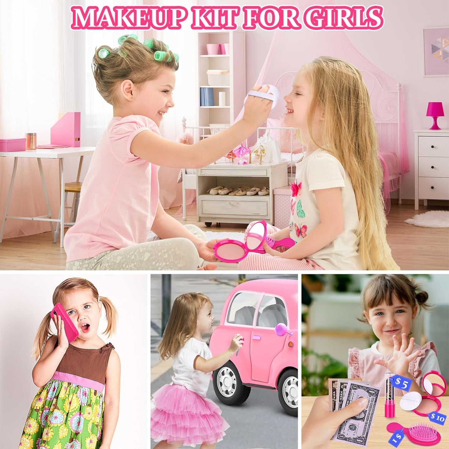 GJZZ Play Purse for Little Girls - Toddler Purse Set Pretend Play Makeup Toys, Kids Toy Purse Birthday Gifts for Girls Ages 3-5, 4-5, 6-8 Years Old, ABB-02, Pink