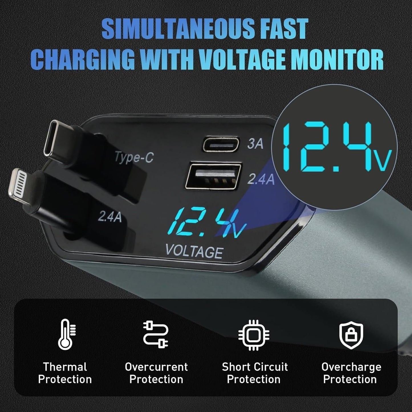 66W 4 in 1 Retractable Car Charger 12/24 V Adapter with Cables 60 cm for iPhone USB C, Cigarette Lighter Fast Charging for iPhone, Galaxy, Pixel, Huawei