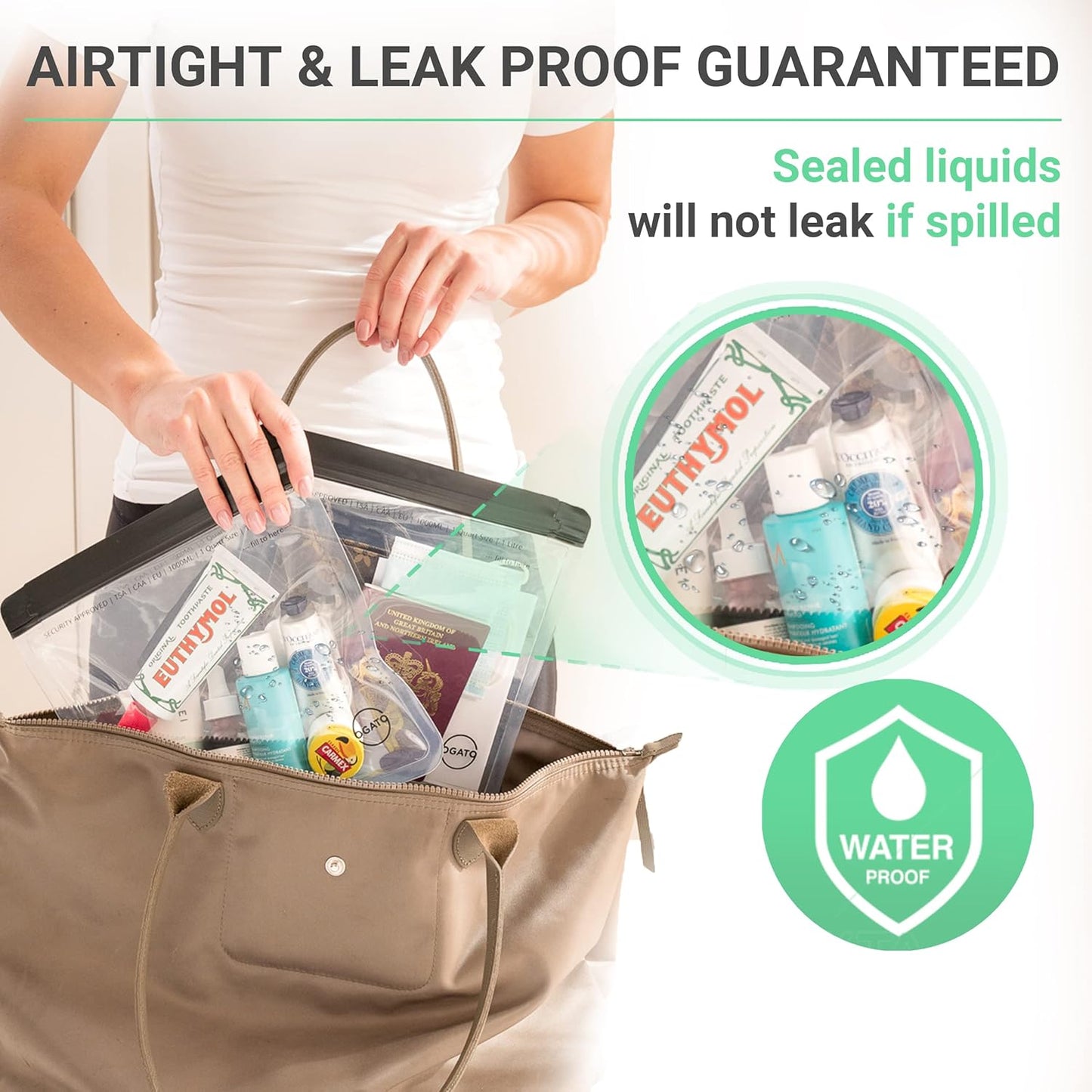 Ogato 3pcs - TSA Approved Toiletry Bag - Our Quart Size Clear Toiletry Bags are Security Approved Worldwide for Liquids & Cosmetics 3-1-1 Compliant Clear Travel Bags for Toiletries, Black, Air Tight