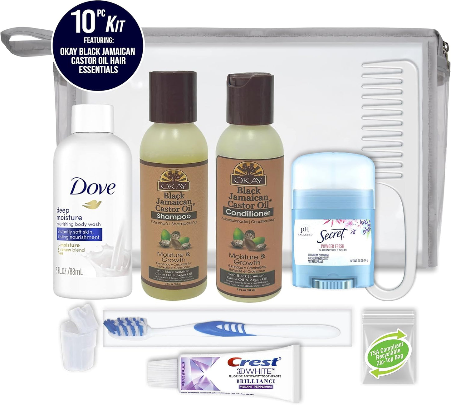 Convenience Kits International Women’s Deluxe 10 PC Kit Featuring: OKAY Black Jamaican Castor Oil Hair, Body, Oral Care, Travel-Size Travel Essentials