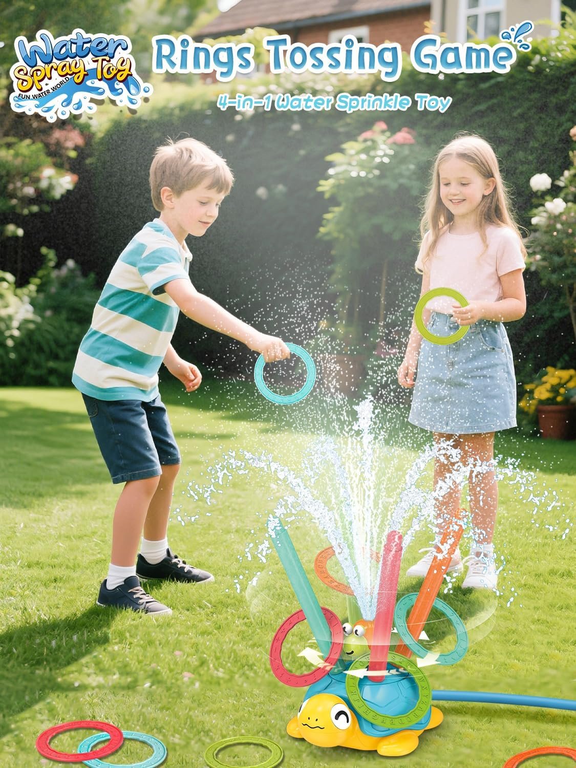 4 in 1 Turtle Water Sprinkler for Kids, Outdoor Toys with Snail Splash, Ring Toss, Baseball Game & Hurdle Play, 360°Roating Spray Summer Fun Backyard Garden Lawn for Toddlers Kids Boys Girl 3-12 Gifts