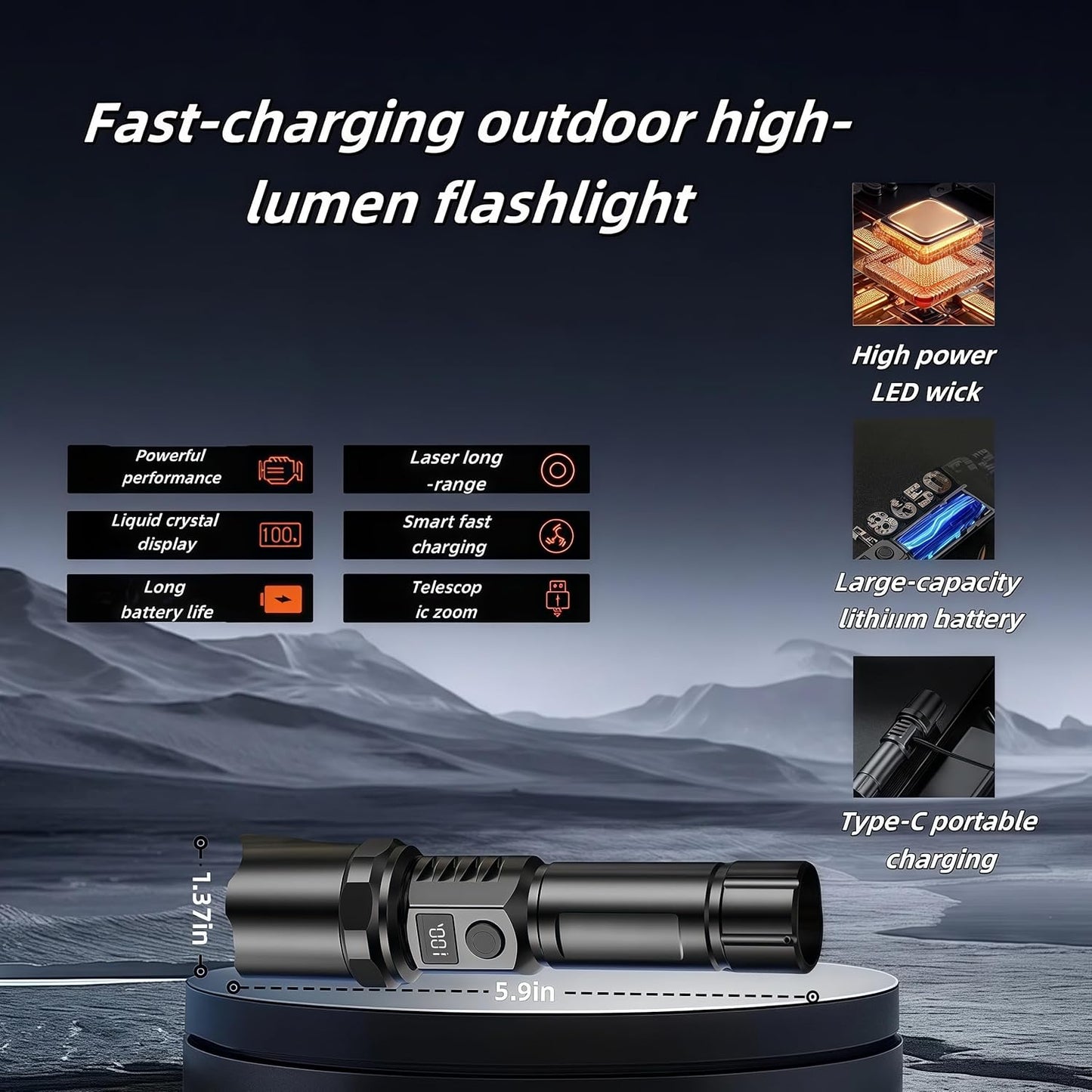 Rechargeable flashlights1500L Tactical Flashlight,Adjustable Focus LED Flashlight, 3 Lighting Modes, Long Battery Life,IPX5 Waterproof,Small Bright Flashlight for Home,Power Cuts,Emergency,Camping