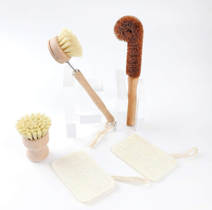 TXV Mart Eco-Friendly Natural Wooden Kitchen Cleaning Brush Set, 5 Piece, Wooden Dish Cleaning Brush Set, Loofah Dish Sponges, Dish and Bottle Scrubber Brushes