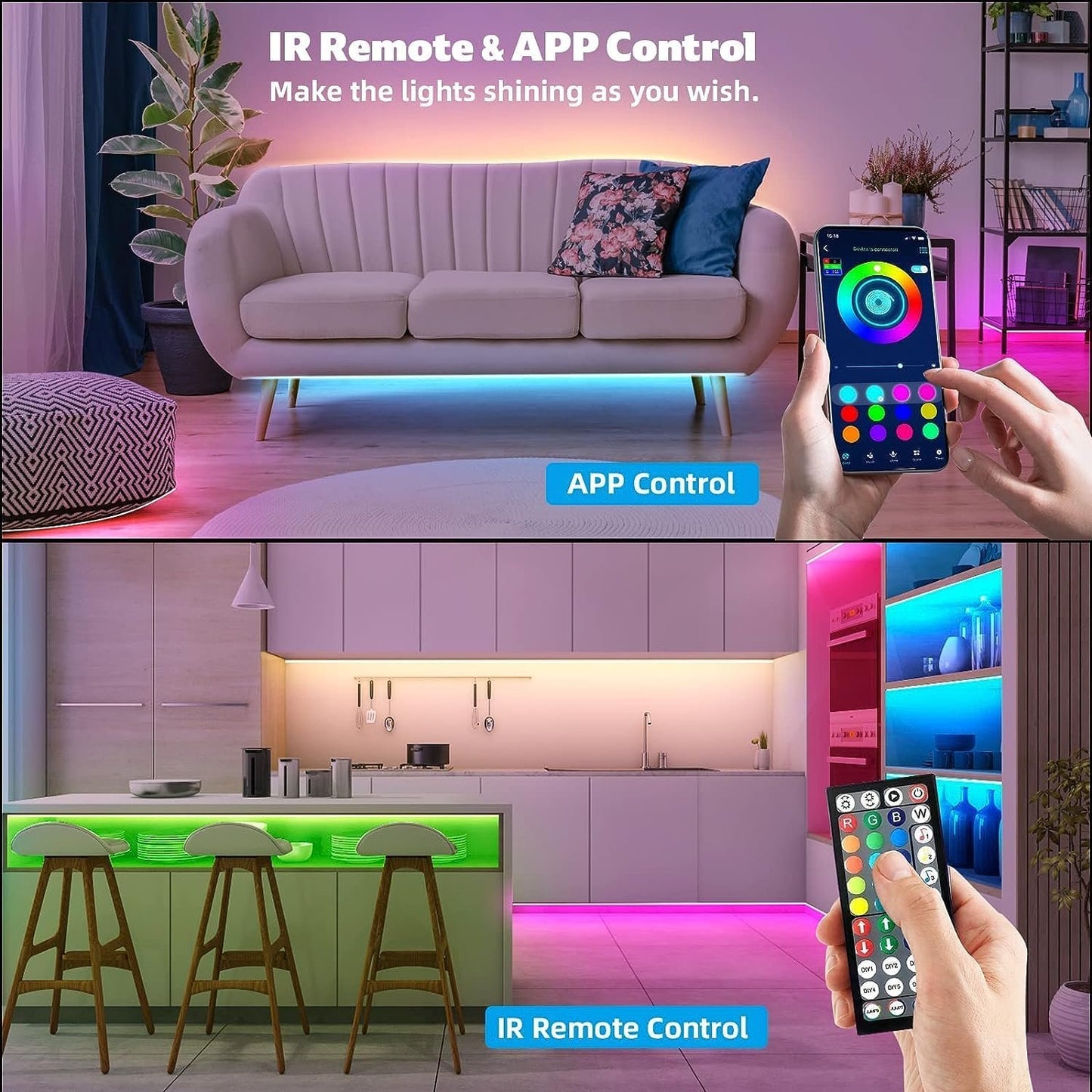 smareal Led Lights Strip for Bedroom 100ft（2Rools of 50ft）, Smart APP Control Music Sync Led Strip Lights RGB Color Changing Led Lights Strips with Remote Led Lights for Bedroom Kitchen and Party