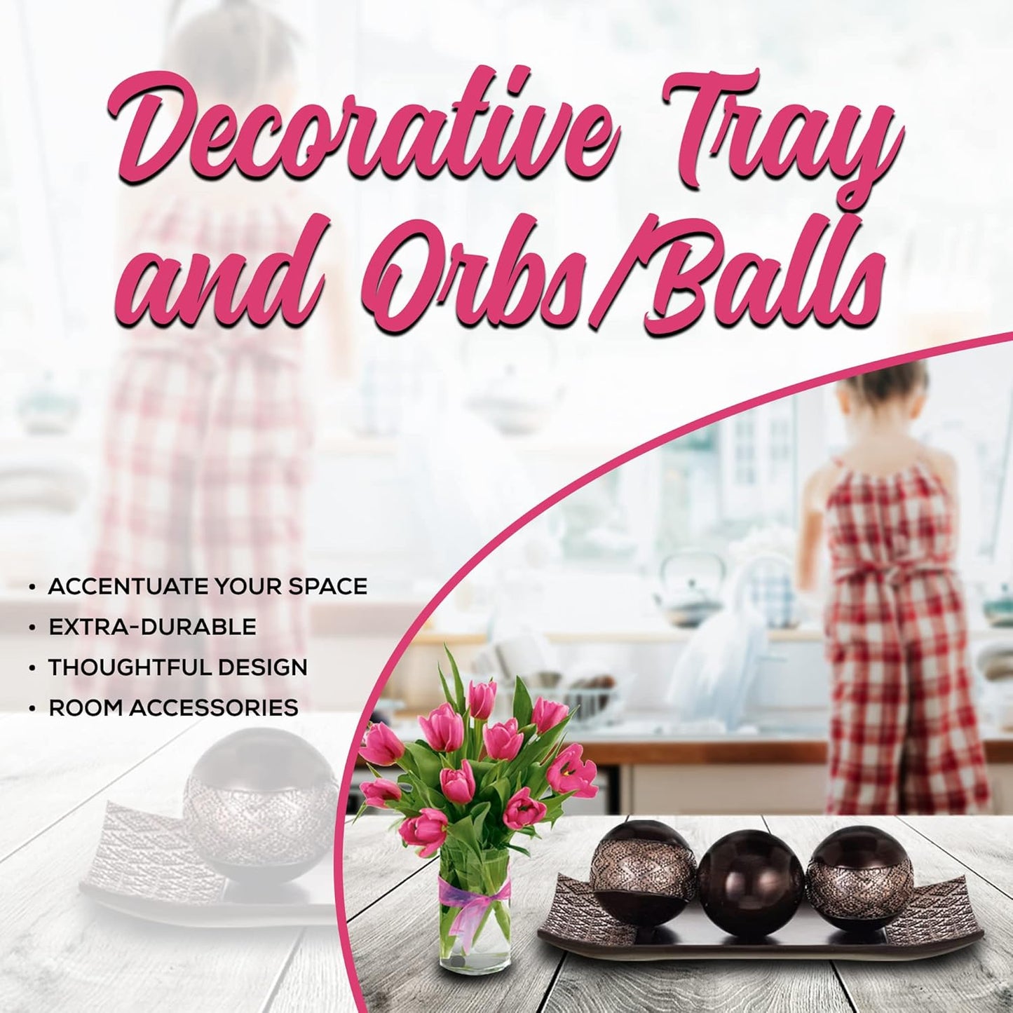 HomeRoots Tray and Orbs Balls Set of 3 | Beautiful Decoration Centerpiece, Home Decor | Decorative Accents Balls for Living Room, Coffee and Dining Table Décor