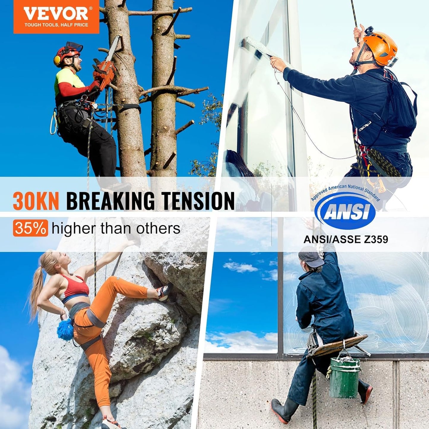 VEVOR Climbing Rope, Fall Protection Safety Rope, Vertical Tree Stand safety Rope Line Kit Safety Harness for Roofing Work with Alloy Steel Rope Grab, Two Snap Hooks, Shock Absorber