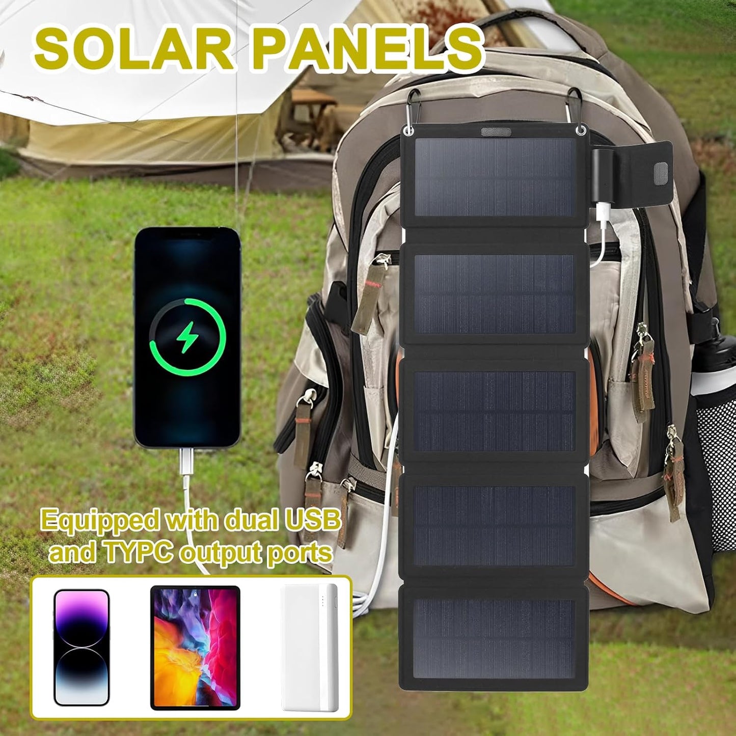 DJAPWPX 20W Folding Solar Panel Charger IP55 Waterproof Portable Solar Panel with Climbing Buckles USB TYPC Solar Power Charger Outdoor Solar Panel Phone Chargers for Outdoor Camping Hiking (B)