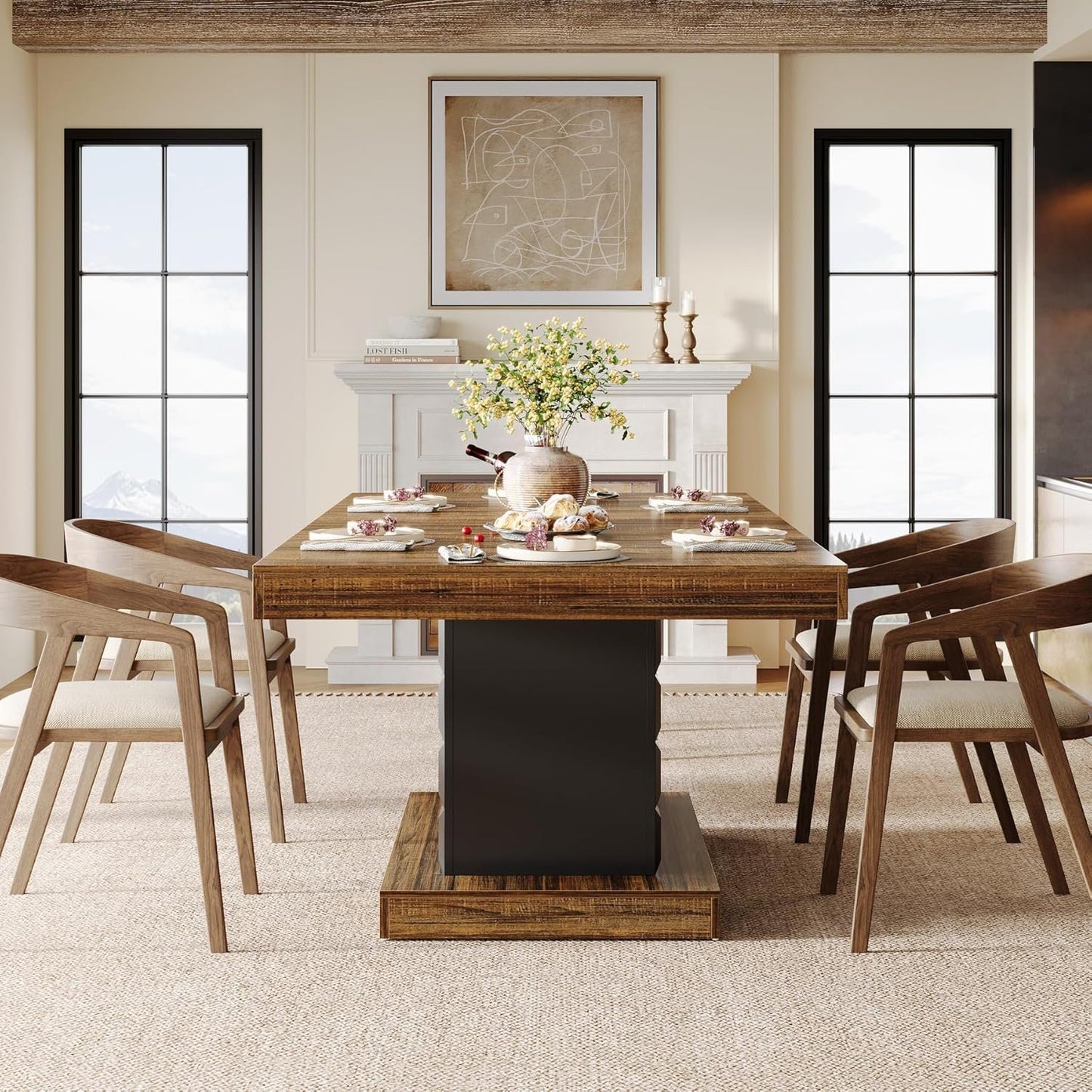 Tribesigns 63'' Dining Table for 4-6, Farmhouse Wooden Rectangular Dinner Table with Geometric Relief, Pedestal Base (Brown and Black)