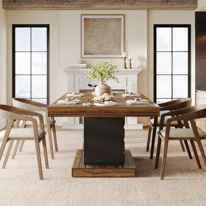 Tribesigns 63'' Dining Table for 4-6, Farmhouse Wooden Rectangular Dinner Table with Geometric Relief, Pedestal Base (Brown and Black)