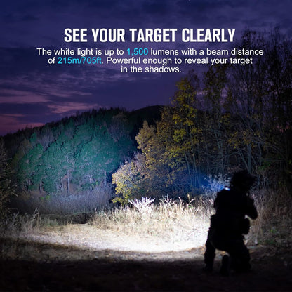 OLIGHT Odin GL M 1500 Lumens Rechargeable Tactical Flashlight, MLOK Flashlight with Green Beam and White LED Combo, Removable Slide Rail Mount, Dual-Button Remote Pressure Switch with 215 Meters Beam