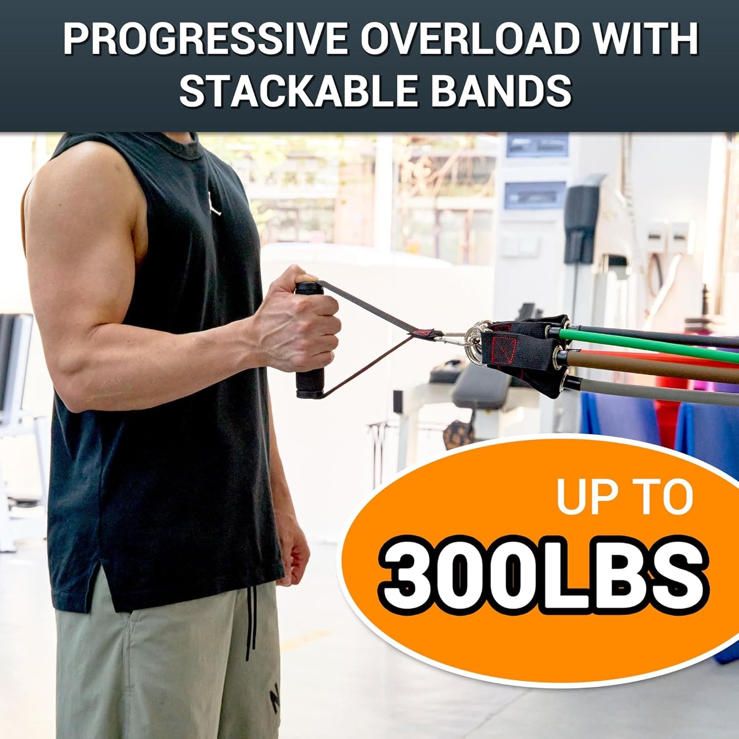 TheFitLife Exercise Resistance Bands with Handles - 5 Fitness Workout Bands Stackable up to 110-300lbs, Training Tubes with Large Handles, Ankle Straps, Door Anchor Attachment, Carry Bag