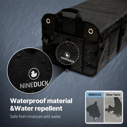 NINEDUCK Car Trunk Organizer with Lid - Black Premium Oxford and Cargo Storage Adjustable for Auto, Sedan, SUV, Van, Truck (ExtraLarge, Collapsible), Straps