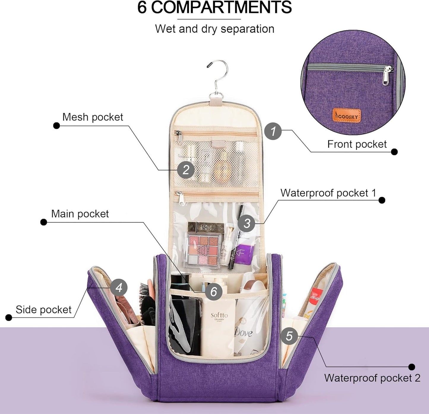 COOSKY Extra Large Hanging Travel Toiletry Bag for Women and Men, Hygiene Bag, Bathroom and Shower Organizer Kit with Elastic Band Holders for Toiletries, Cosmetics, Makeup, Brushes, Purple, Extra Large