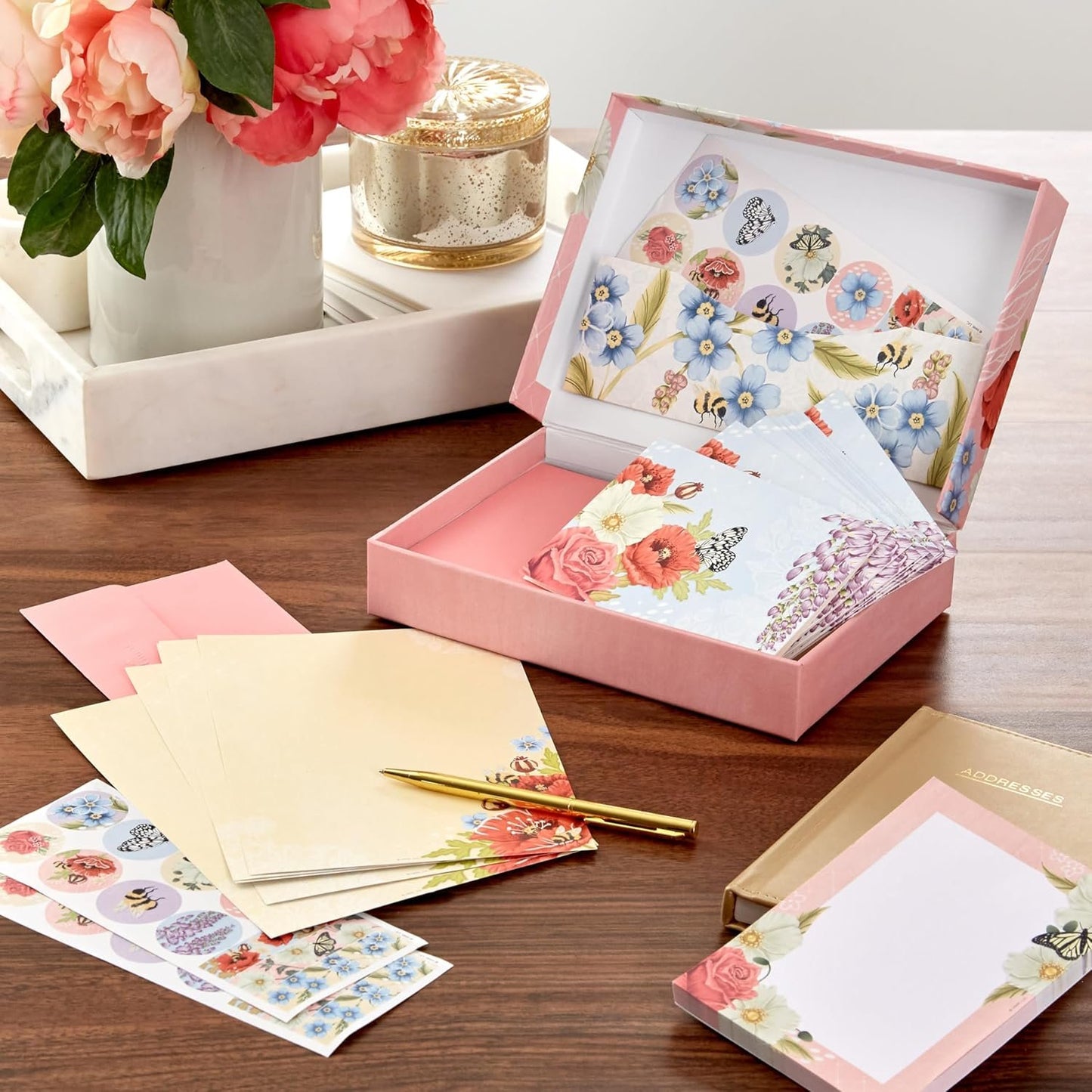 Hallmark Stationery Set with Desk Organizer, Light Pink (10 Blank Cards with Envelopes, 20 Writing Sheets with Envelopes, 75-Sheet Notepad, 30 Sticker Seals)