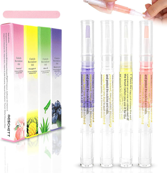 Cuticle Oil Pens with Nail File for Nail Care, 4PCS Nail Pen Oil with Natural Ingredients, Fingernails and Toenails Oil Cuticle for Repairing Cracked(Mix Flavors)